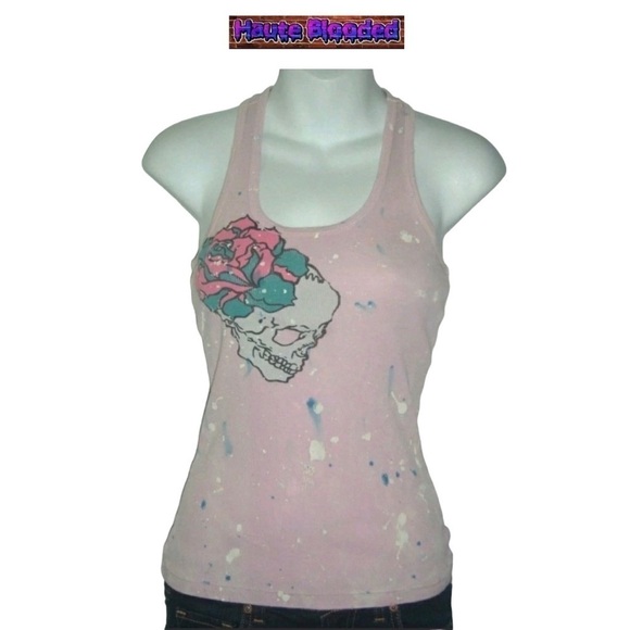 y2k Grail Pink Splatter Distressed Skull Ribbed Tank Top As Seen On Celebrity - Picture 1 of 9